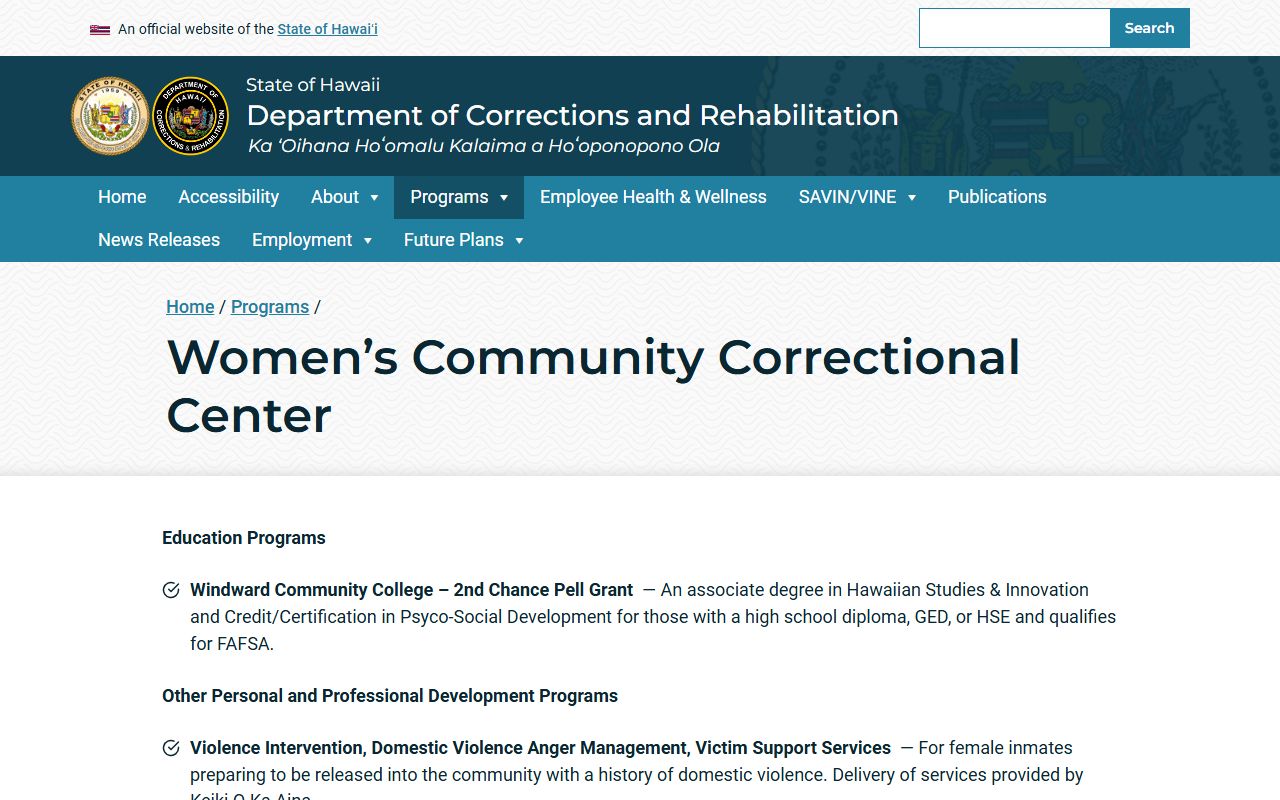 Women's Community Correctional Center Kailua jail roster facility Oahu