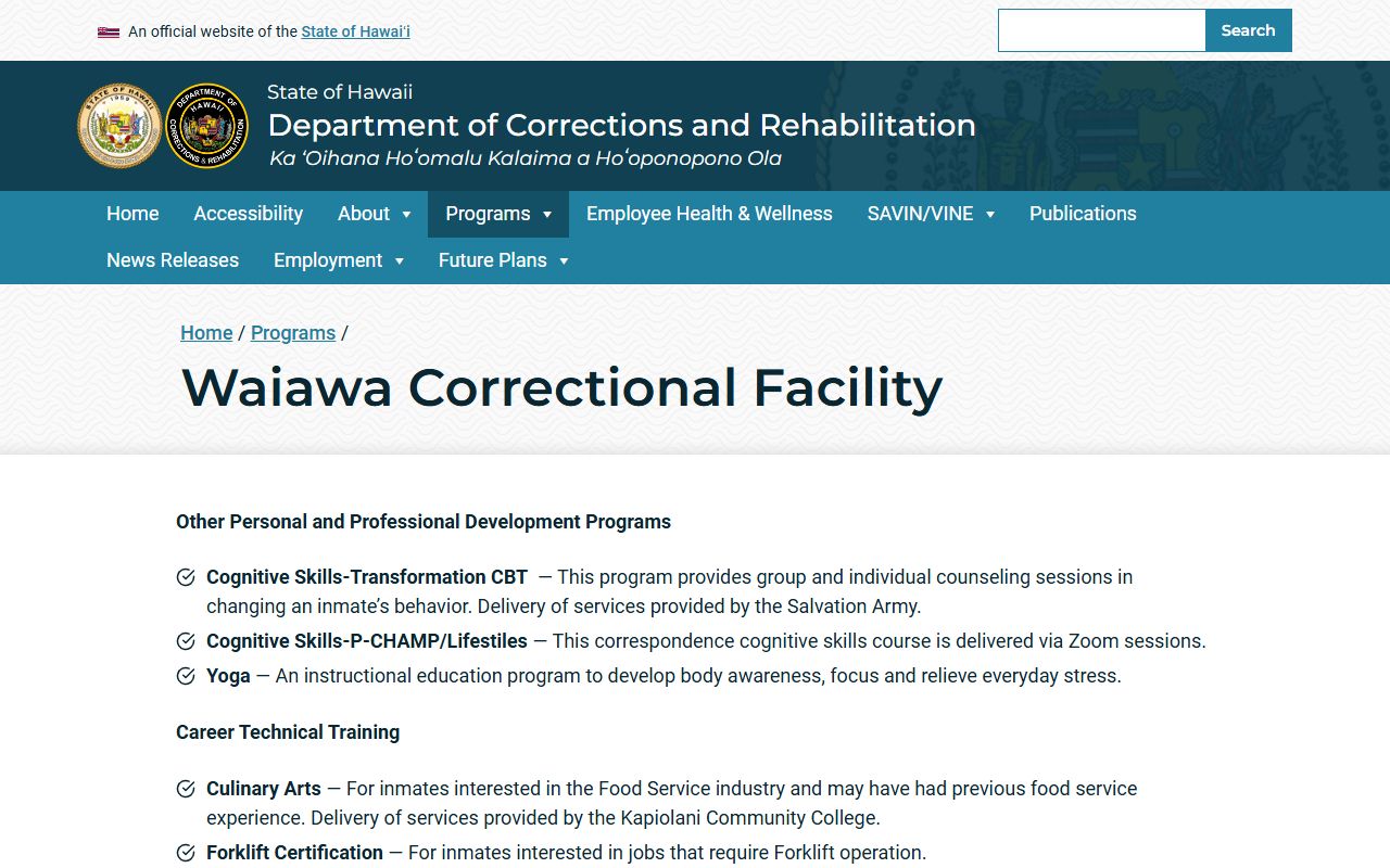 Waiawa Correctional Facility Waipahu jail roster minimum-security prison