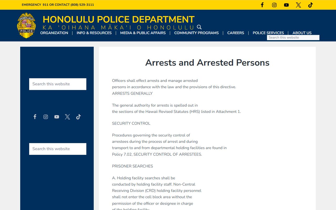 HPD Arrests and Arrested Persons policy Waipahu jail roster procedure