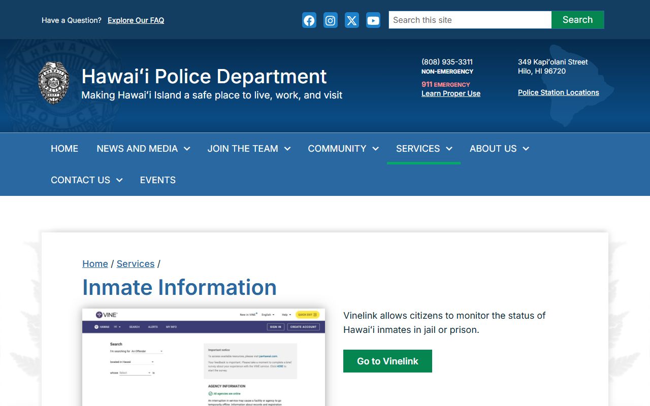 Hawaii Police Department inmate information services Hawaii County jail roster