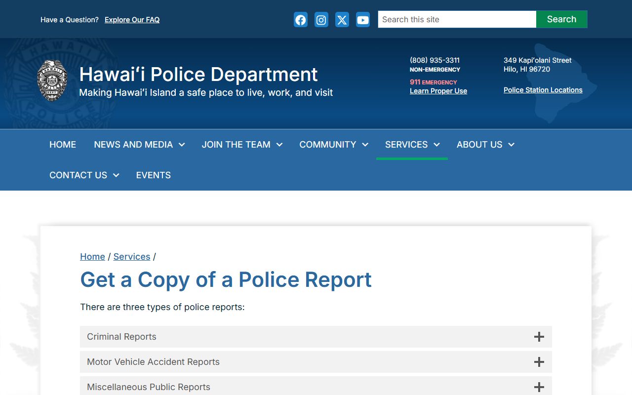 Hawaii Police Department police report request Hawaii County jail roster