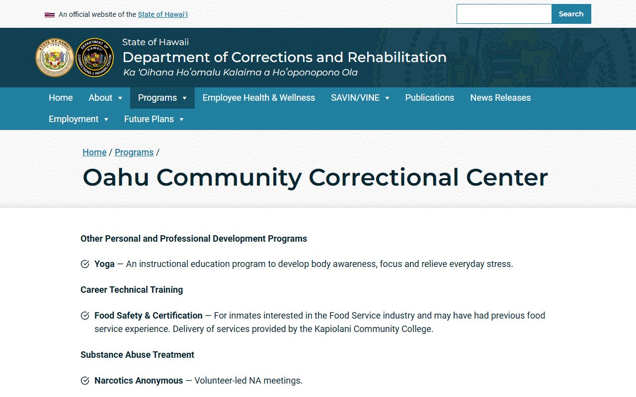 Oahu Community Correctional Center OCCC Honolulu County jail roster facility