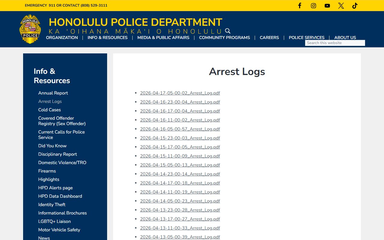 Honolulu Police Department arrest logs Honolulu County jail roster