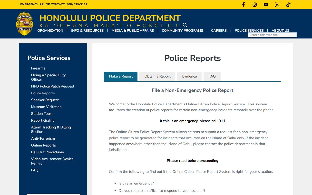 Honolulu Police Department police reports request system Honolulu County jail roster