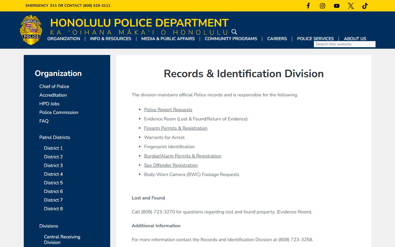 Honolulu Police Department Records and Identification Division Honolulu County jail roster