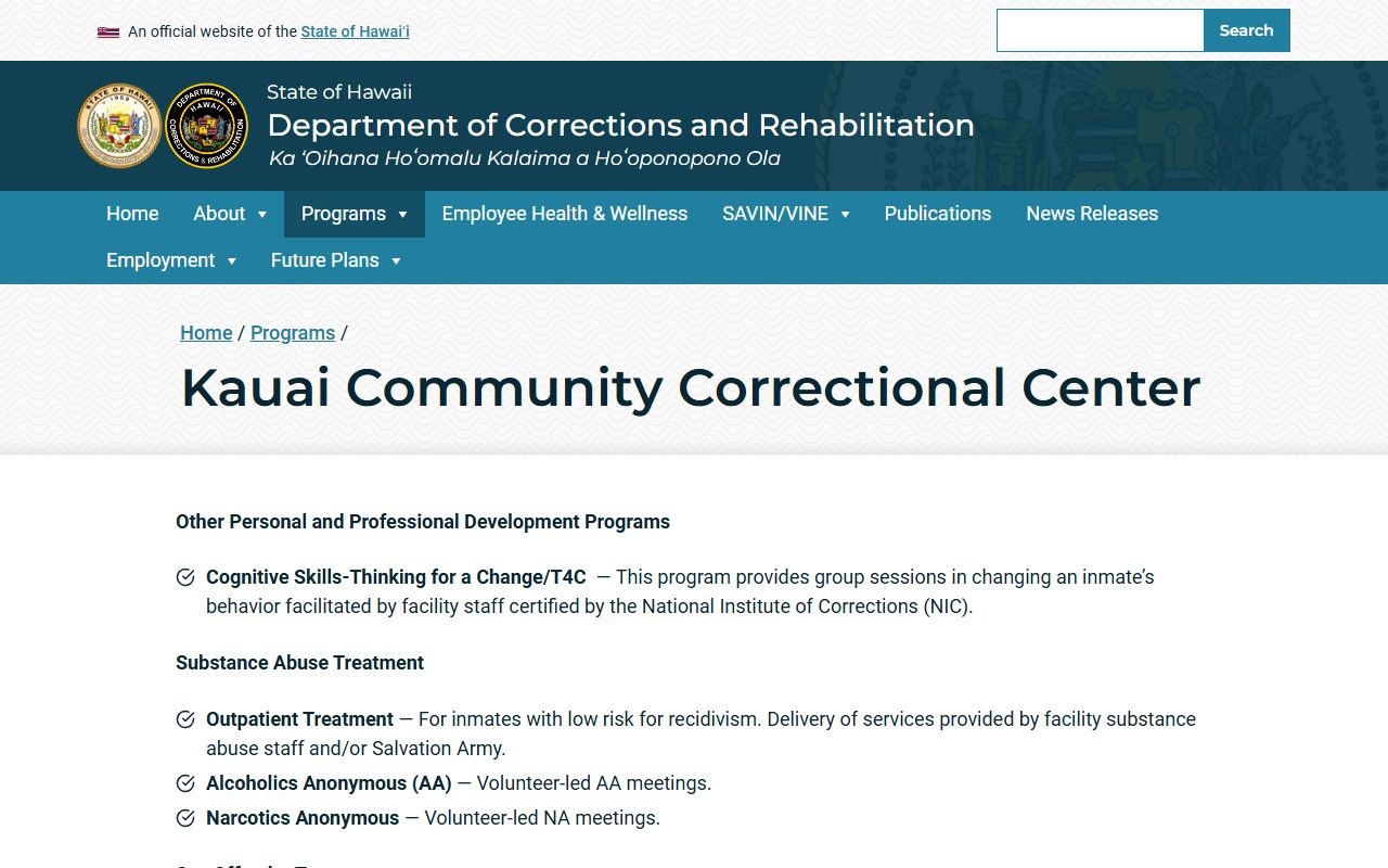 Kauai Community Correctional Center KCCC Kauai County jail roster facility