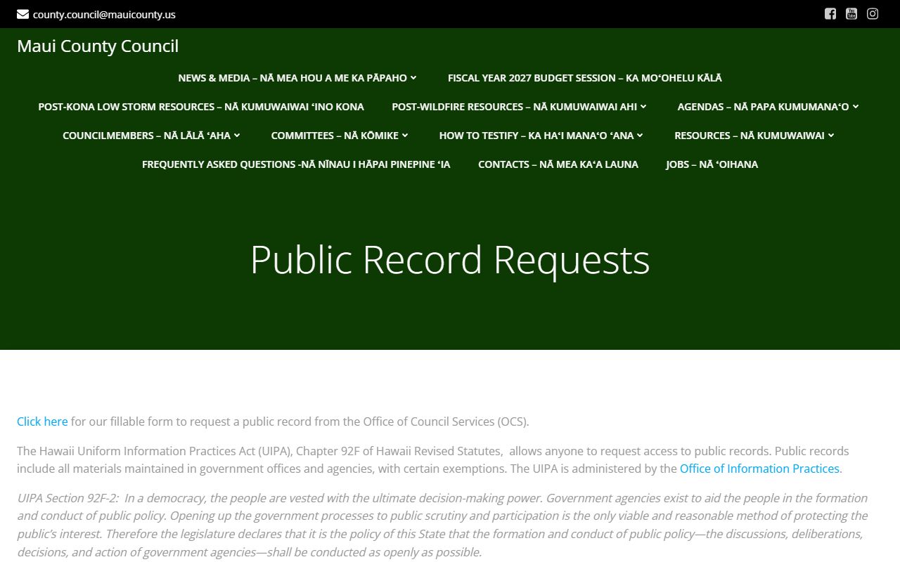 Maui County public records request portal Maui County jail roster