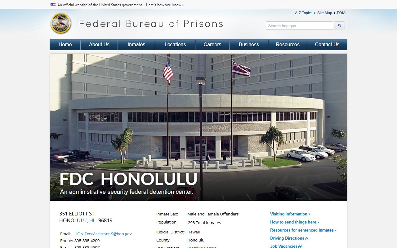 Federal Detention Center Honolulu jail roster facility