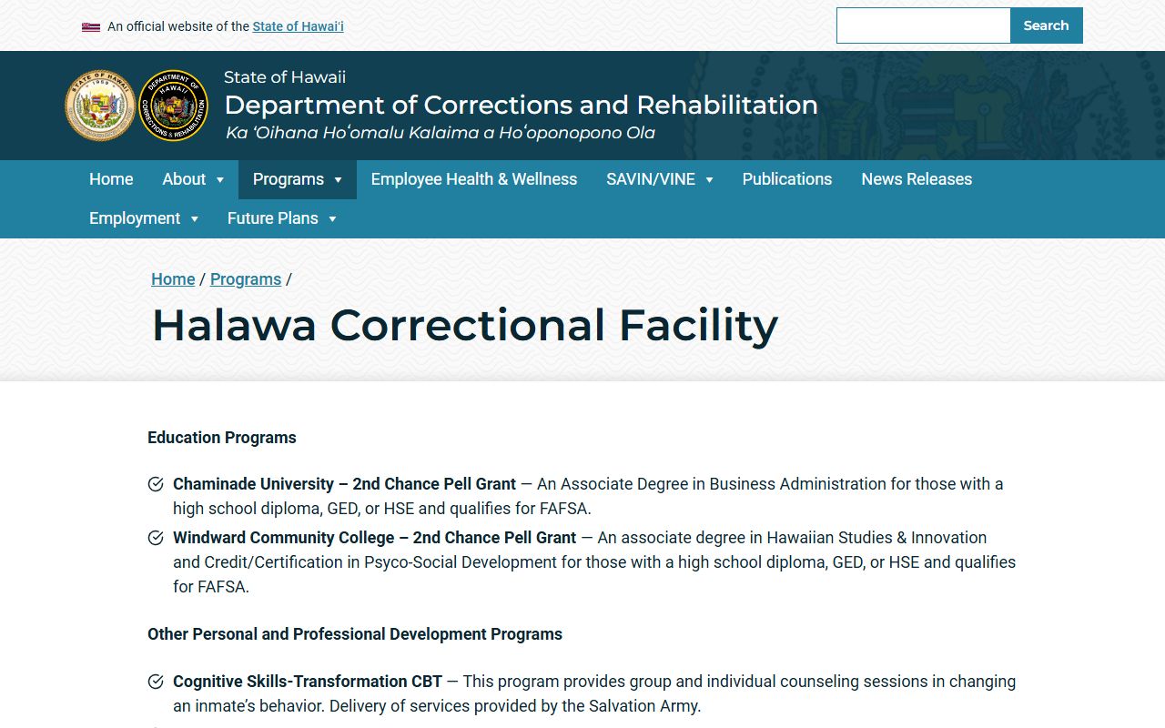 Halawa Correctional Facility state prison Hawaii jail roster