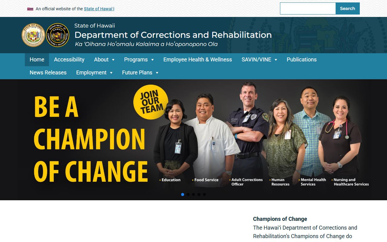 Hawaii Department of Corrections and Rehabilitation jail roster main website