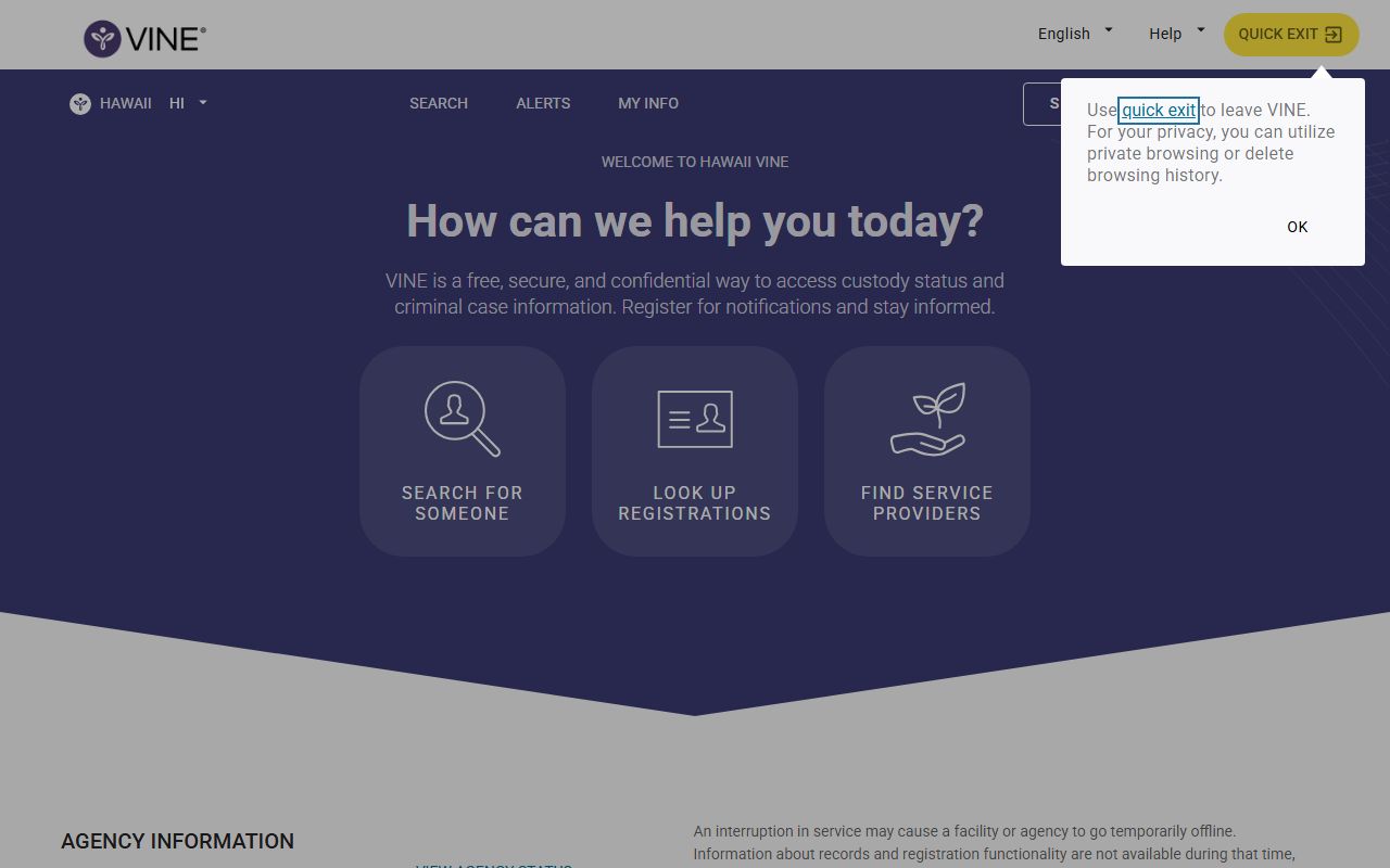 Hawaii SAVIN VINELink statewide inmate jail roster search