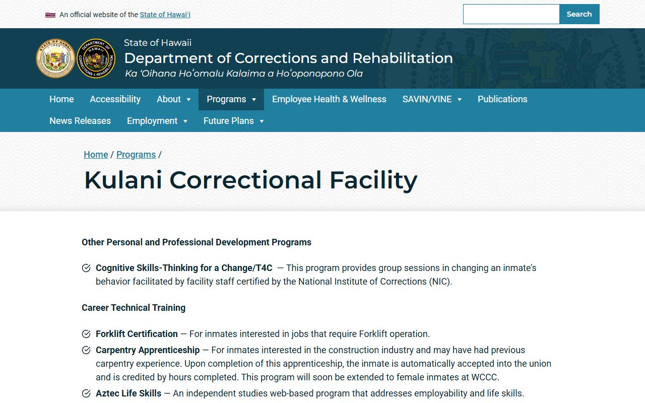 Kulani Correctional Facility minimum security Hawaii jail roster